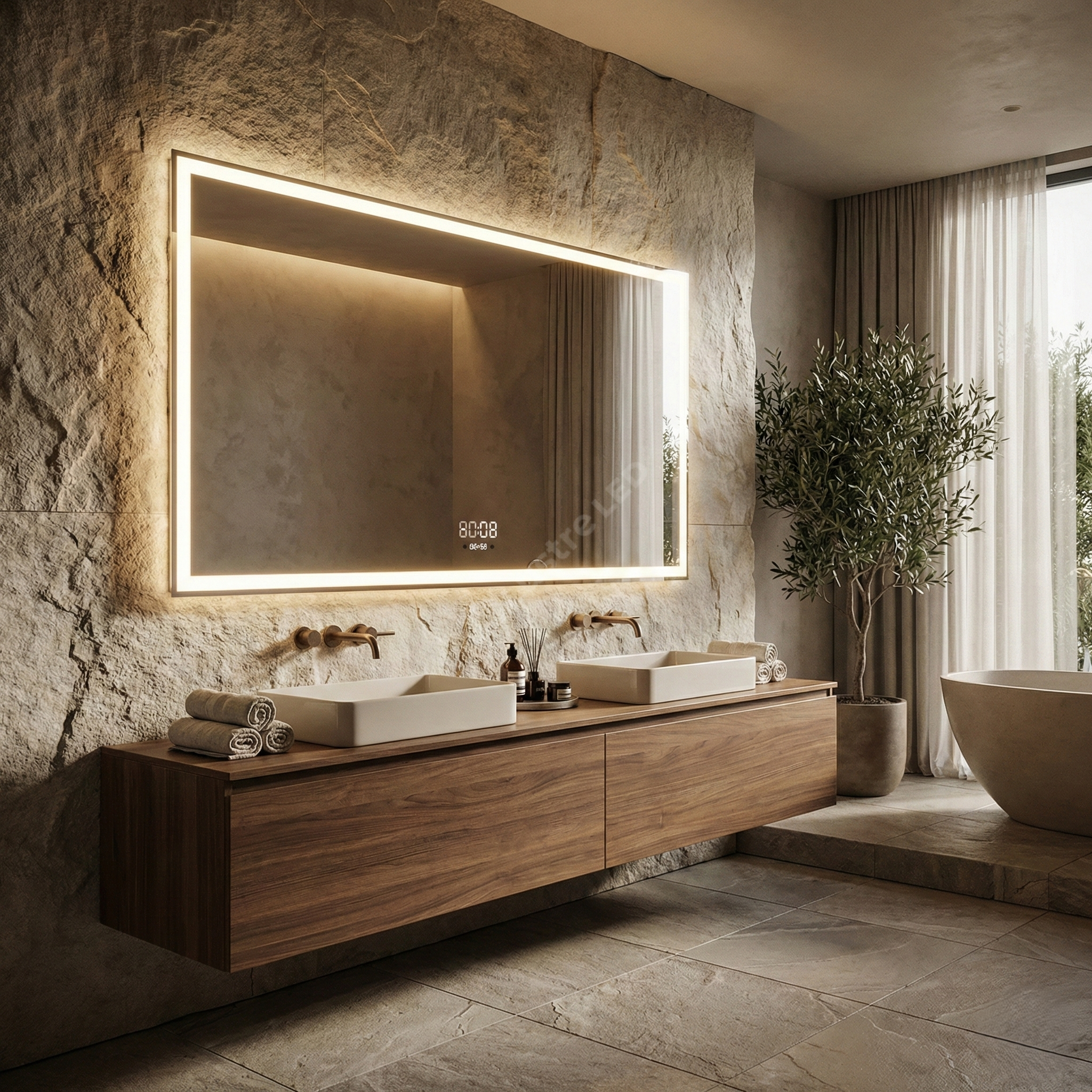 Oglinda LED FIORINA - 150x80cm Dezaburire si Ceas, Senzor, 3 Lumini