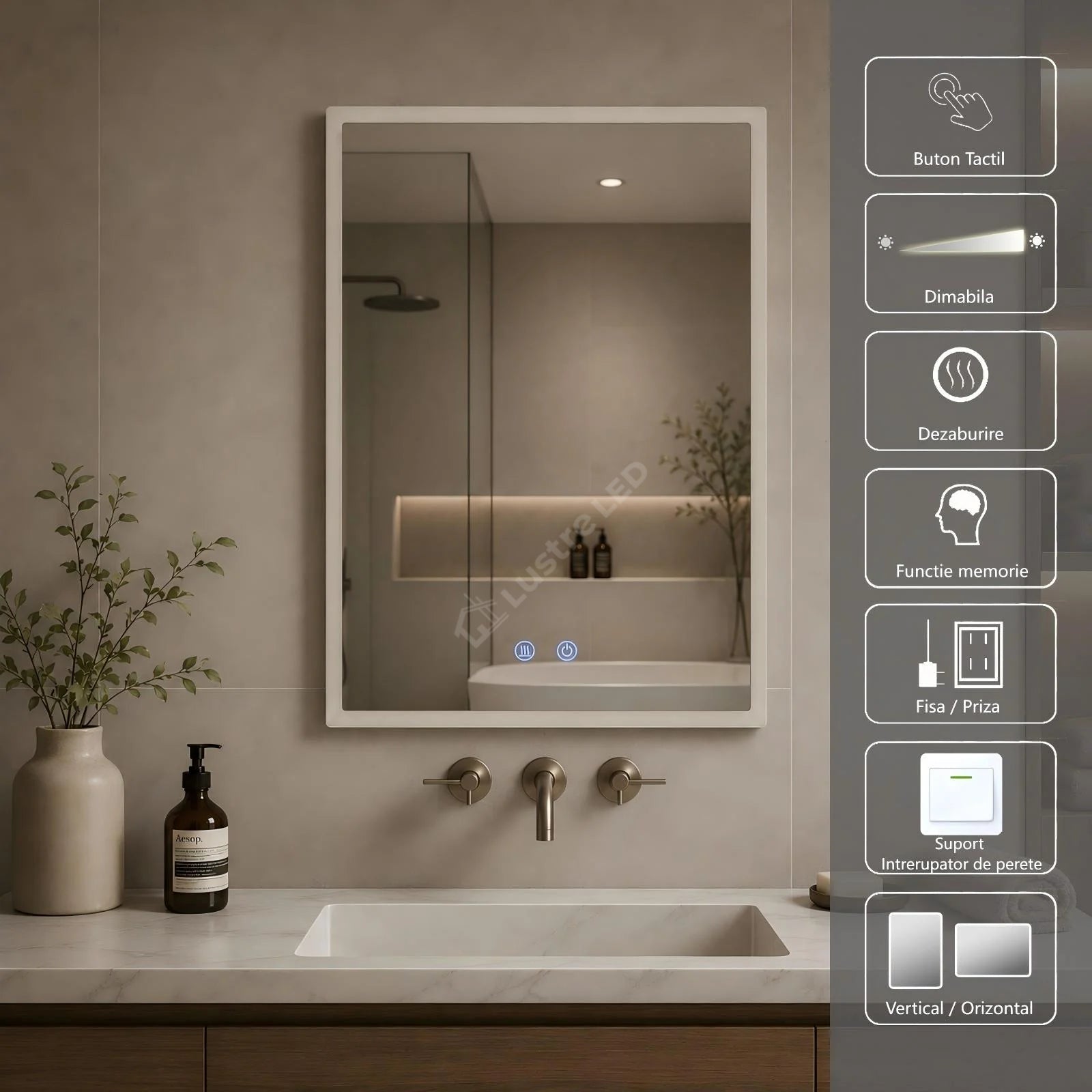 Oglinda LED Fyona FRAMELESS Dimabila 60x80CM 3 Lumini Dezaburire si Touch