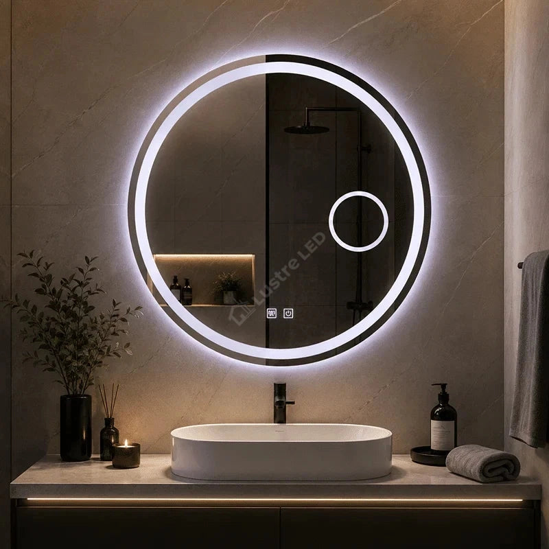 Oglinda LED Gevy Round Frameless Ø70CM 3 Lumini Dezaburire Lupa Cosmetica si Touch
