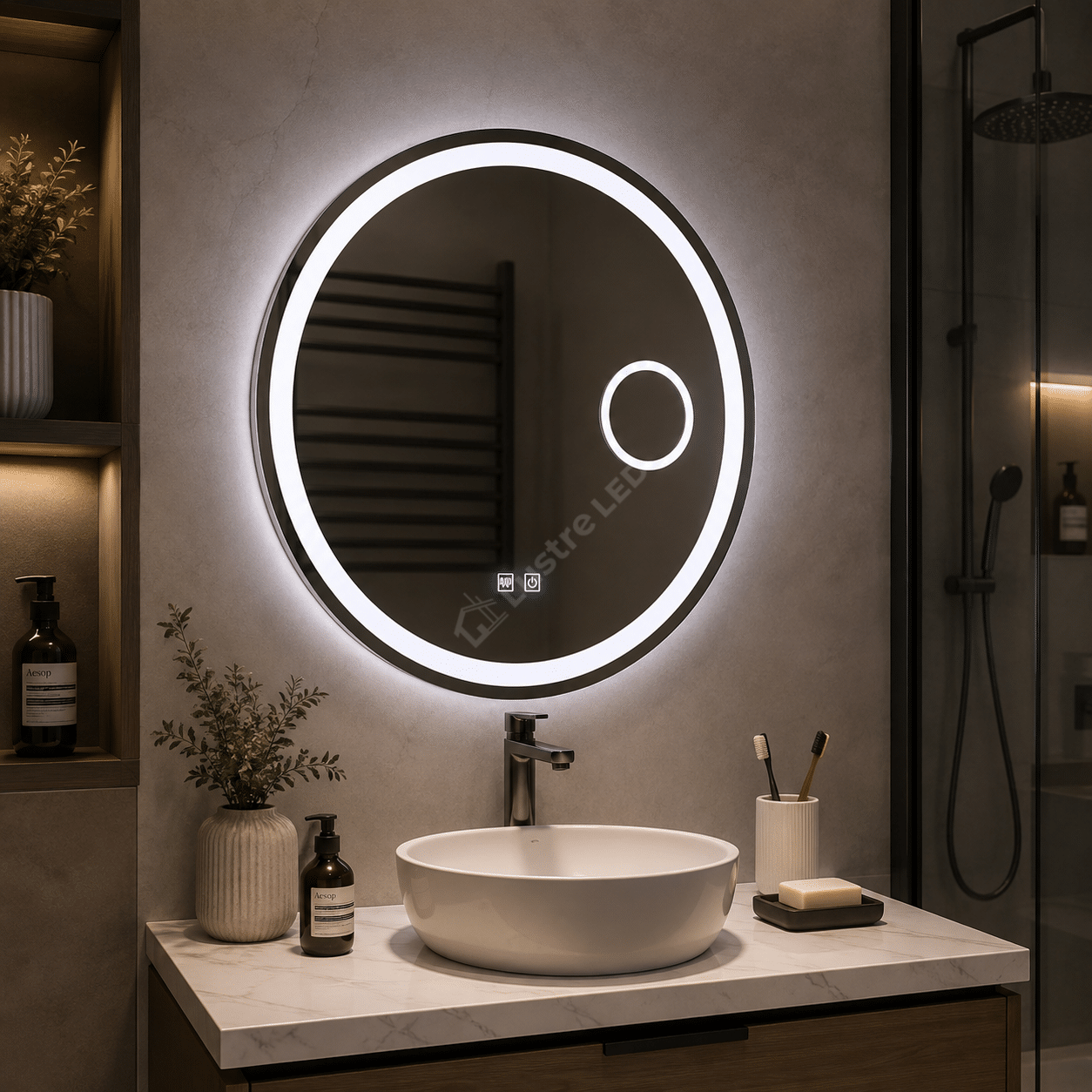 Oglinda LED Gevy Round Frameless Ø70CM 3 Lumini Dezaburire Lupa Cosmetica si Touch
