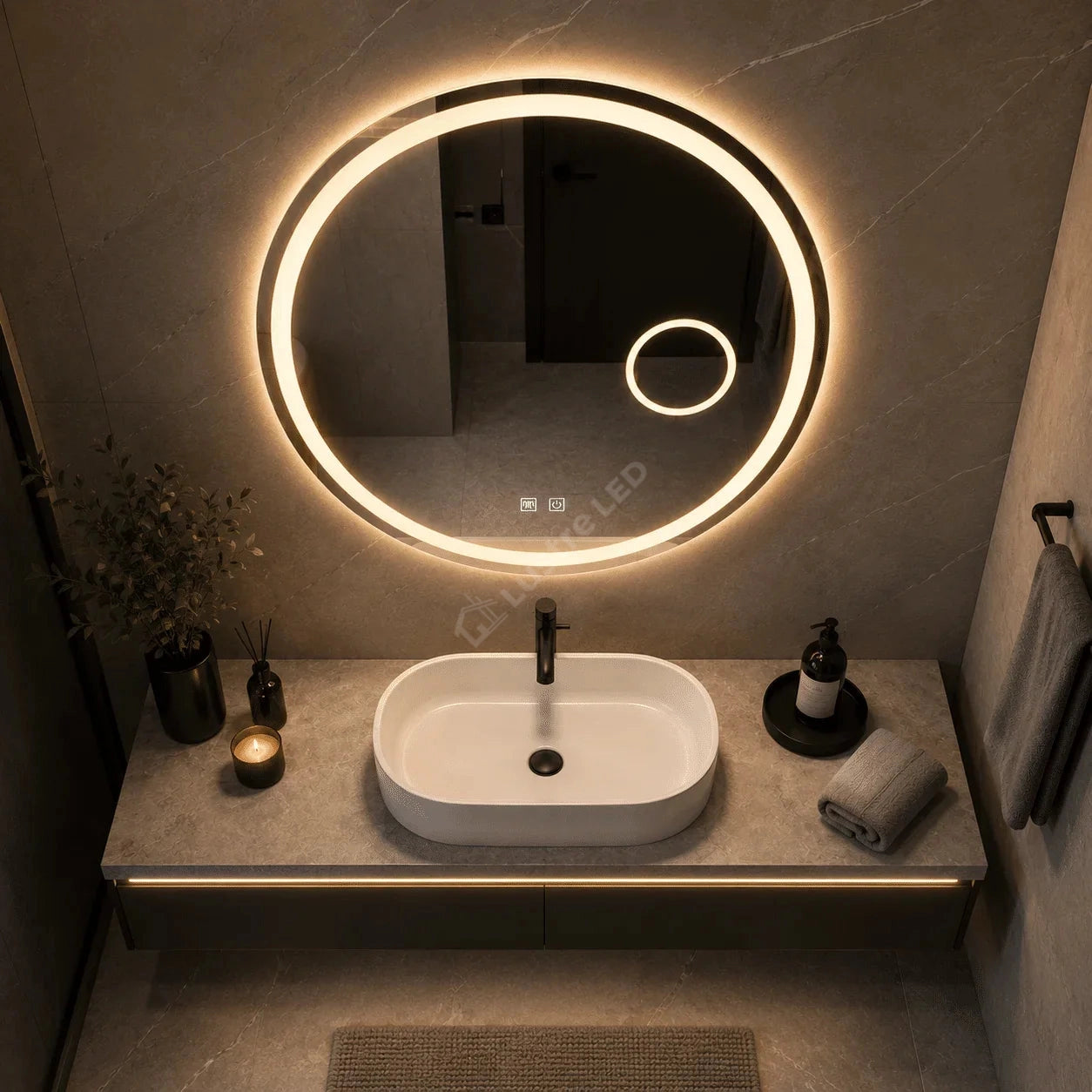 Oglinda LED Gevy Round Frameless Ø70CM 3 Lumini Dezaburire Lupa Cosmetica si Touch
