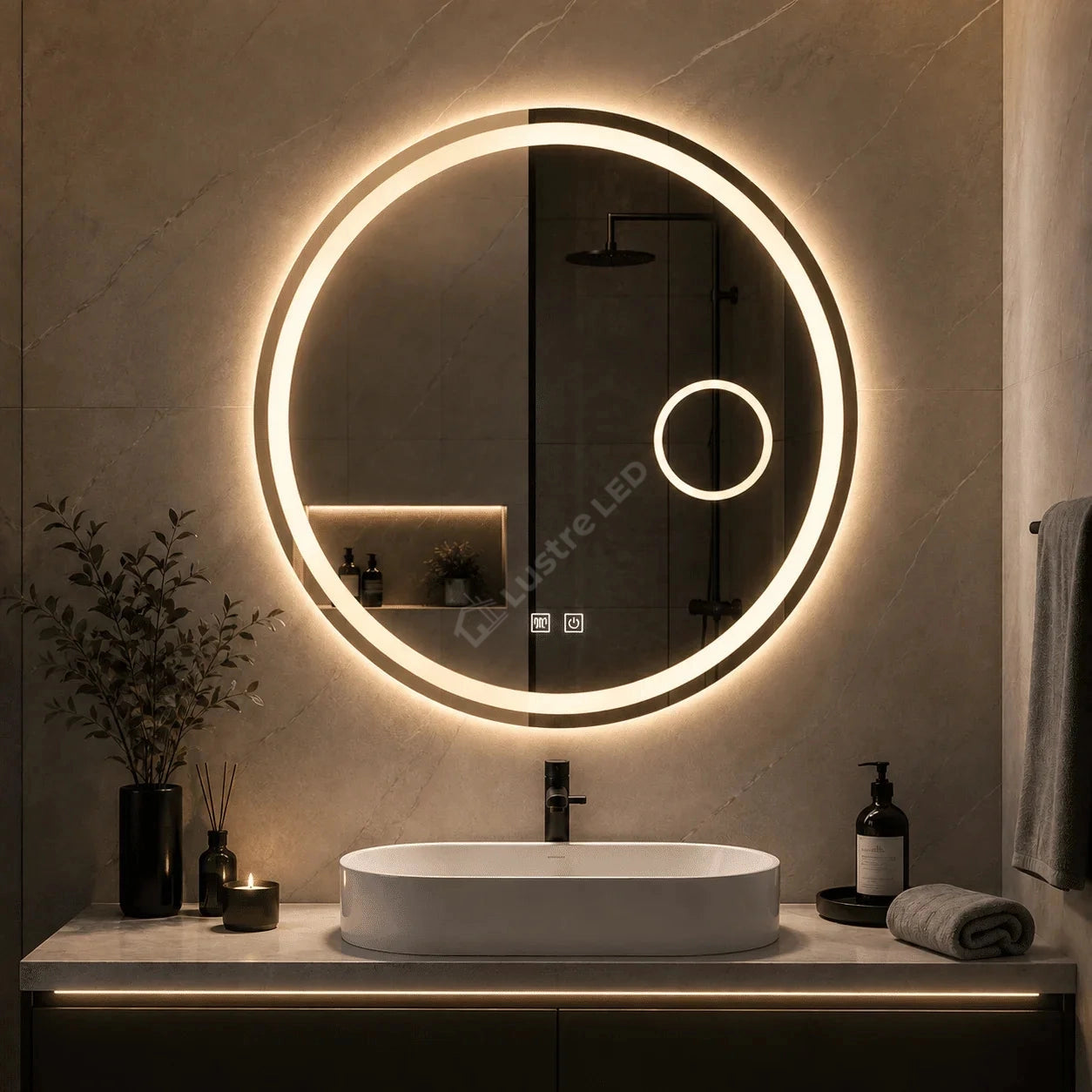Oglinda LED Gevy Round Frameless Ø70CM 3 Lumini Dezaburire Lupa Cosmetica si Touch