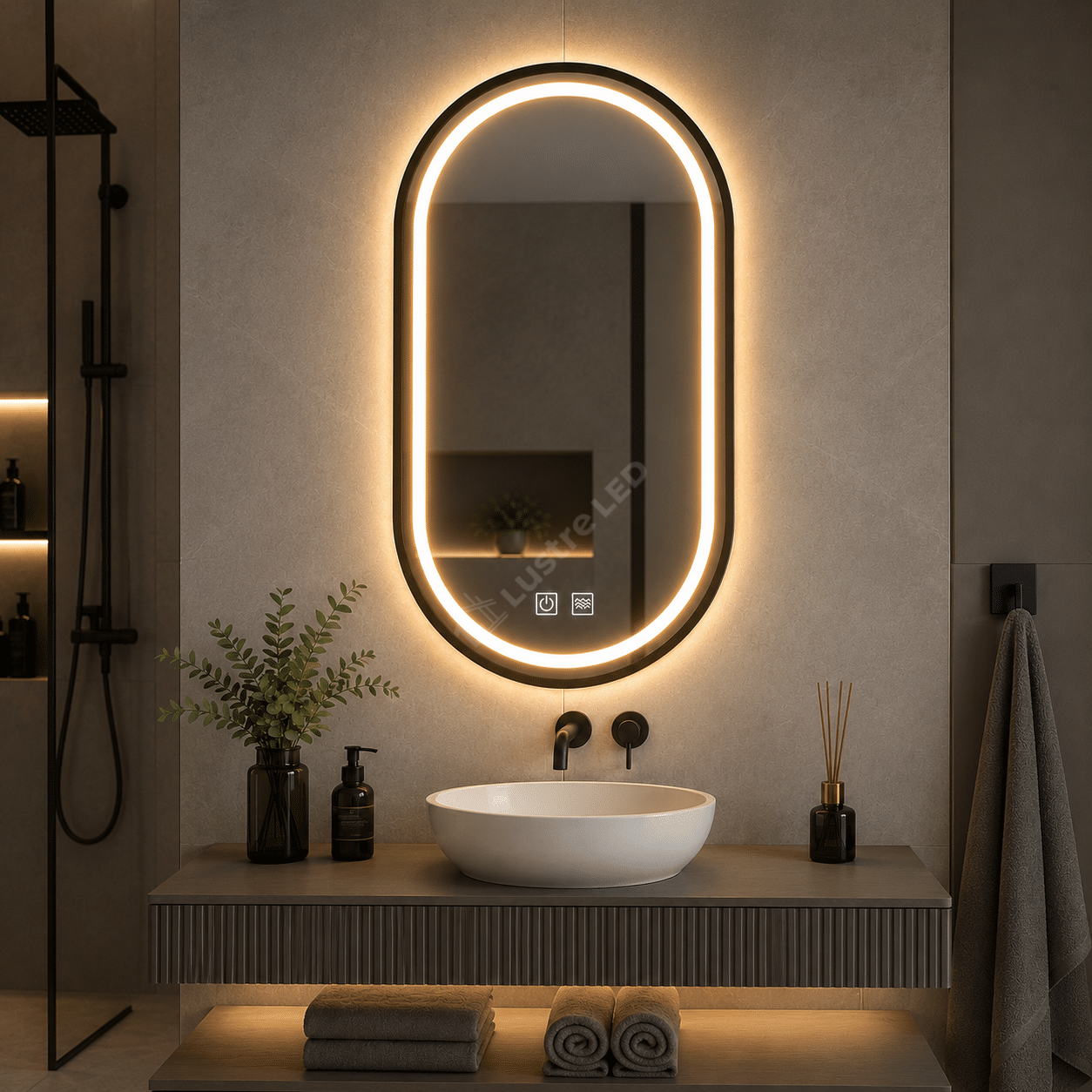Oglinda LED Gyo Oval Black 50x80CM 3 Lumini Dezaburire si Touch