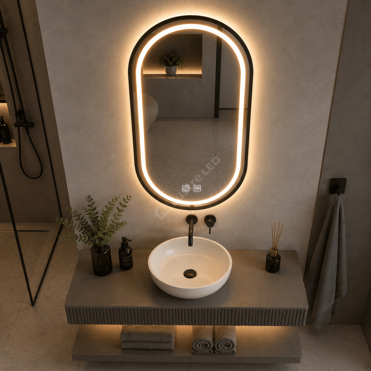 Oglinda LED Gyo Oval Black 50x80CM 3 Lumini Dezaburire si Touch