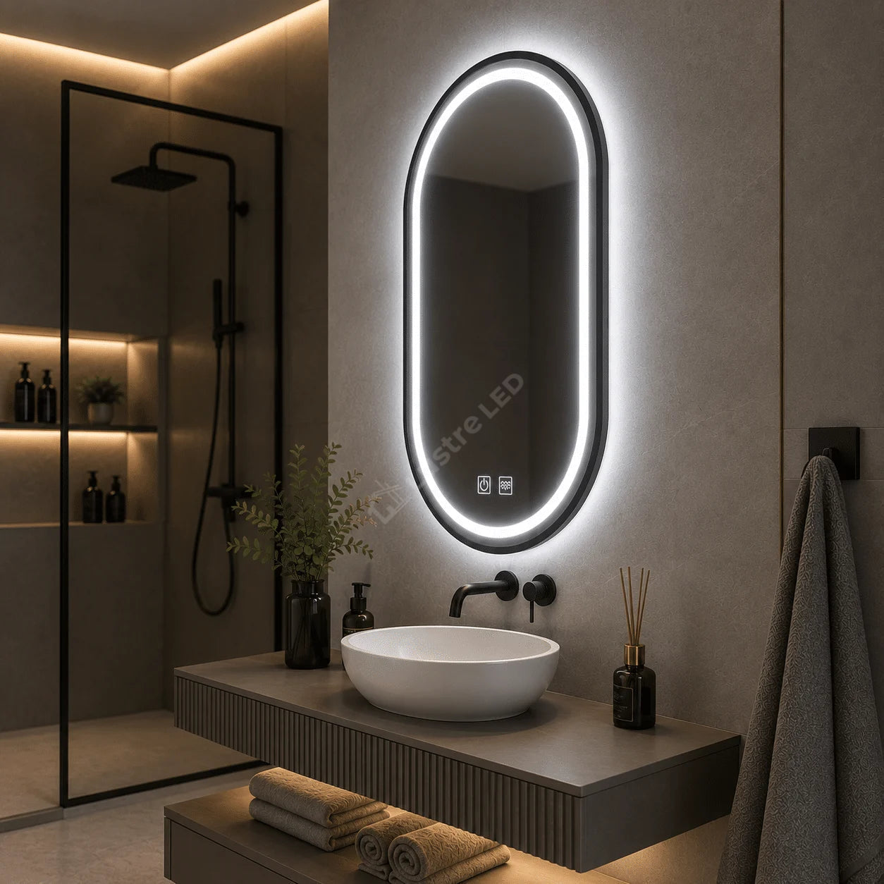 Oglinda LED Gyo Oval Black 50x80CM 3 Lumini Dezaburire si Touch
