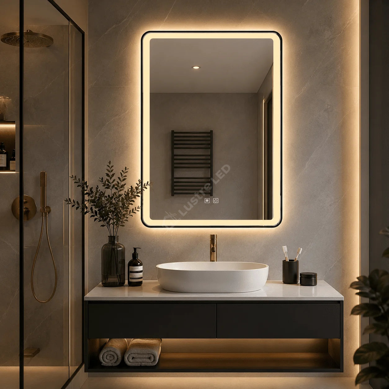 Oglinda LED Hyo Rectangle Black 70x90CM 3 Lumini Dezaburire si Touch