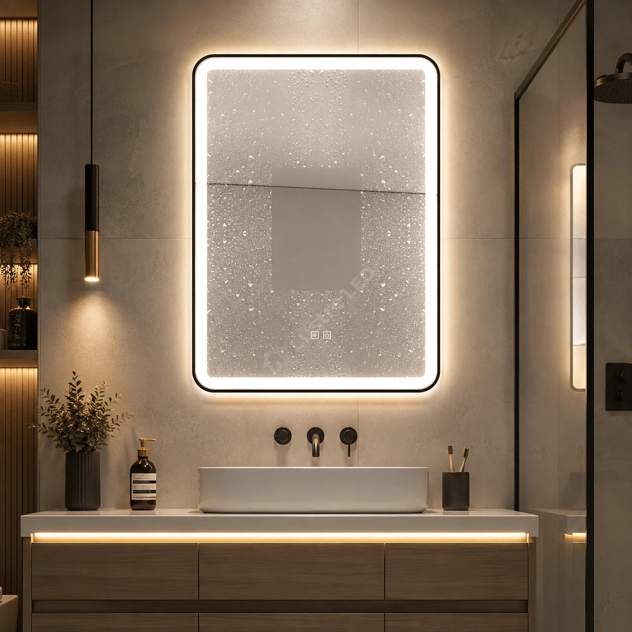 Oglinda LED Hyo Rectangle Black 70x90CM 3 Lumini Dezaburire si Touch