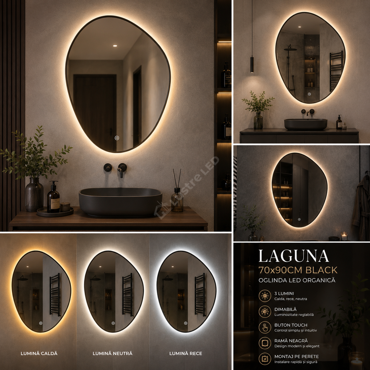 Oglinda LED LAGUNA 70x90CM Black 3 Lumini Dimabila Touch
