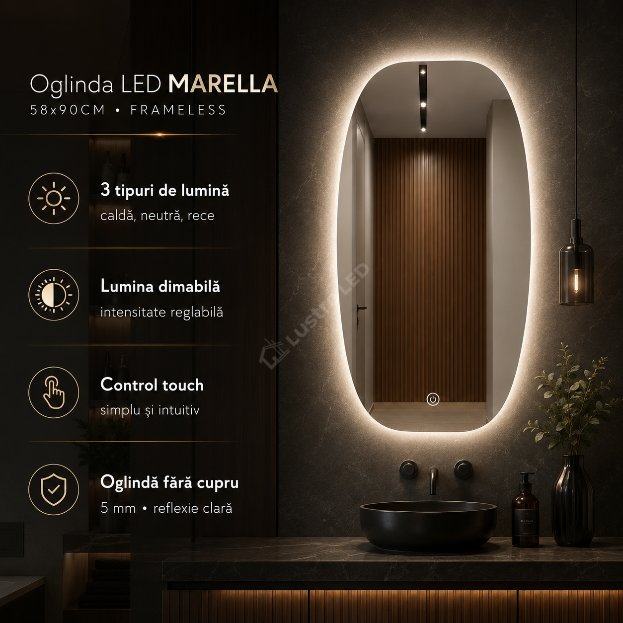Oglinda LED MARELLA 58x90CM FRAMELESS 3 Lumini Dimabila Touch