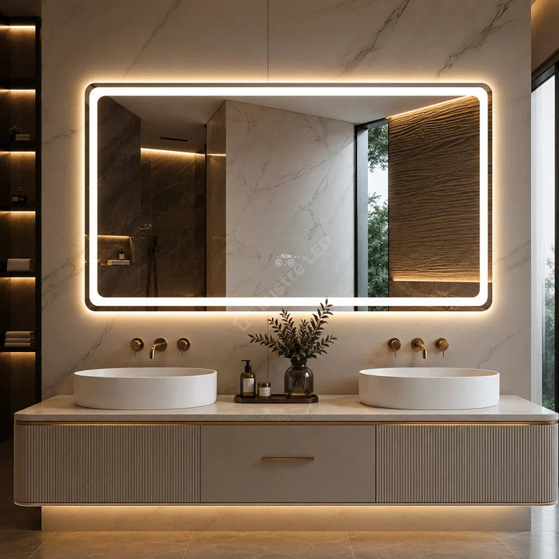 Oglinda LED Maxi Mina Rectangle Frameless 150x80CM 3 Lumini Dezaburire si Touch