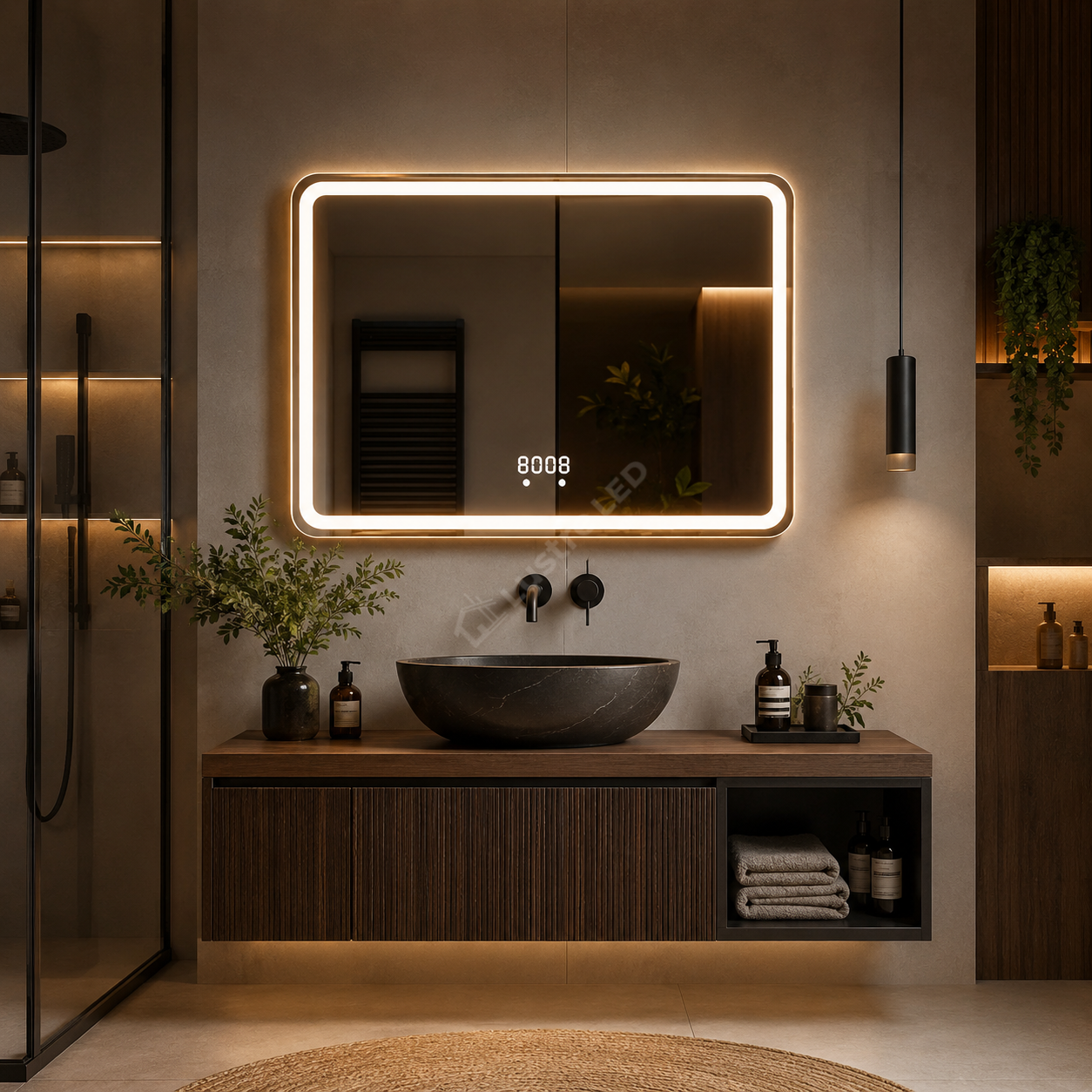 Oglinda LED Mezo Rectangle Gold 80x60CM 3 Lumini Dezaburire si Ceas