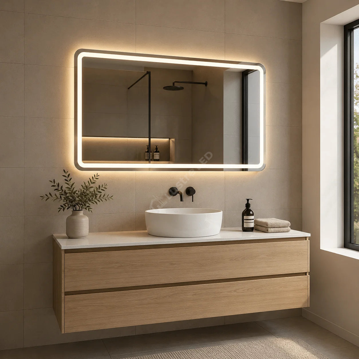 Oglinda LED Mina Rectangle Frameless 90x60CM 3 Lumini Dezaburire si Touch