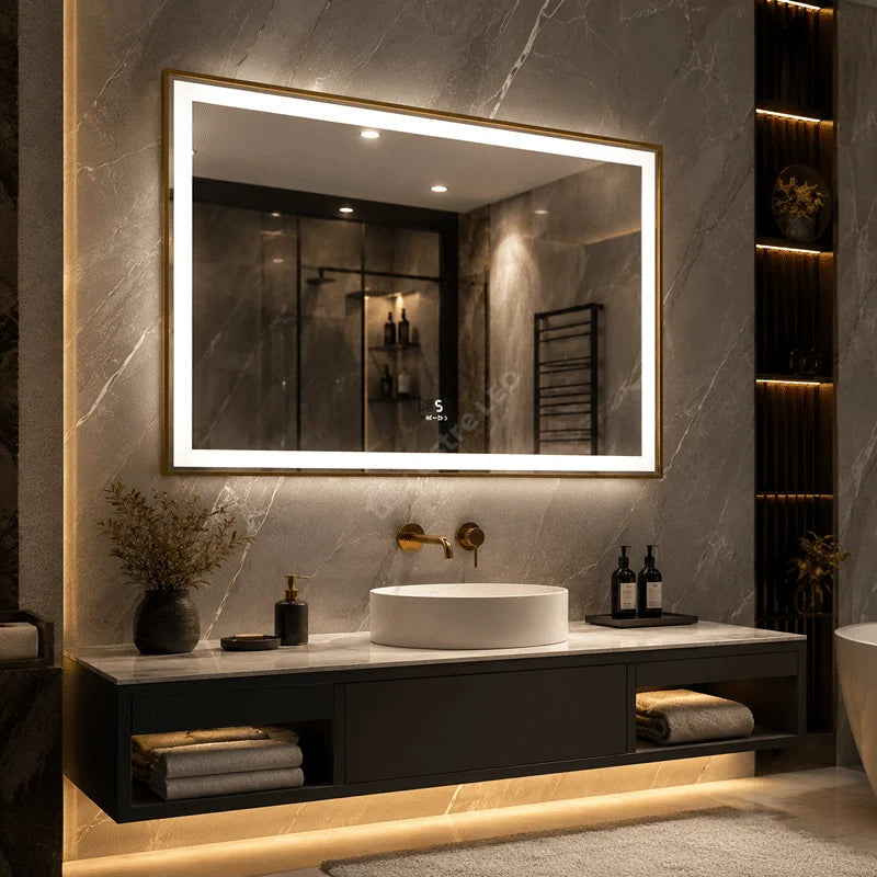 Oglinda LED Nautis Rectangle Gold 80x60CM 3 Lumini Dezaburire si Ceas
