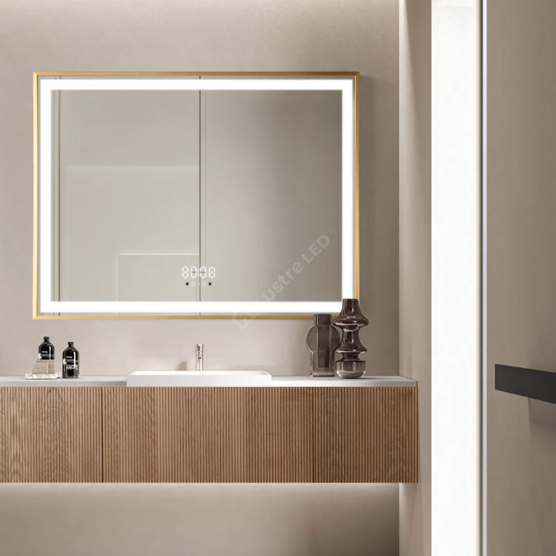 Oglinda LED Nautis Rectangle Gold 80x60CM 3 Lumini Dezaburire si Ceas