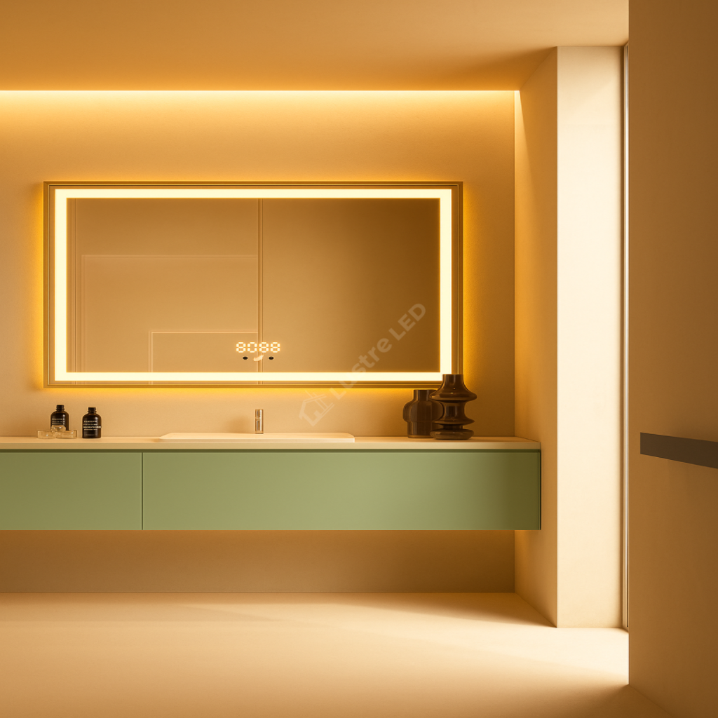 Oglinda LED Nautis Rectangle Gold 80x60CM 3 Lumini Dezaburire si Ceas