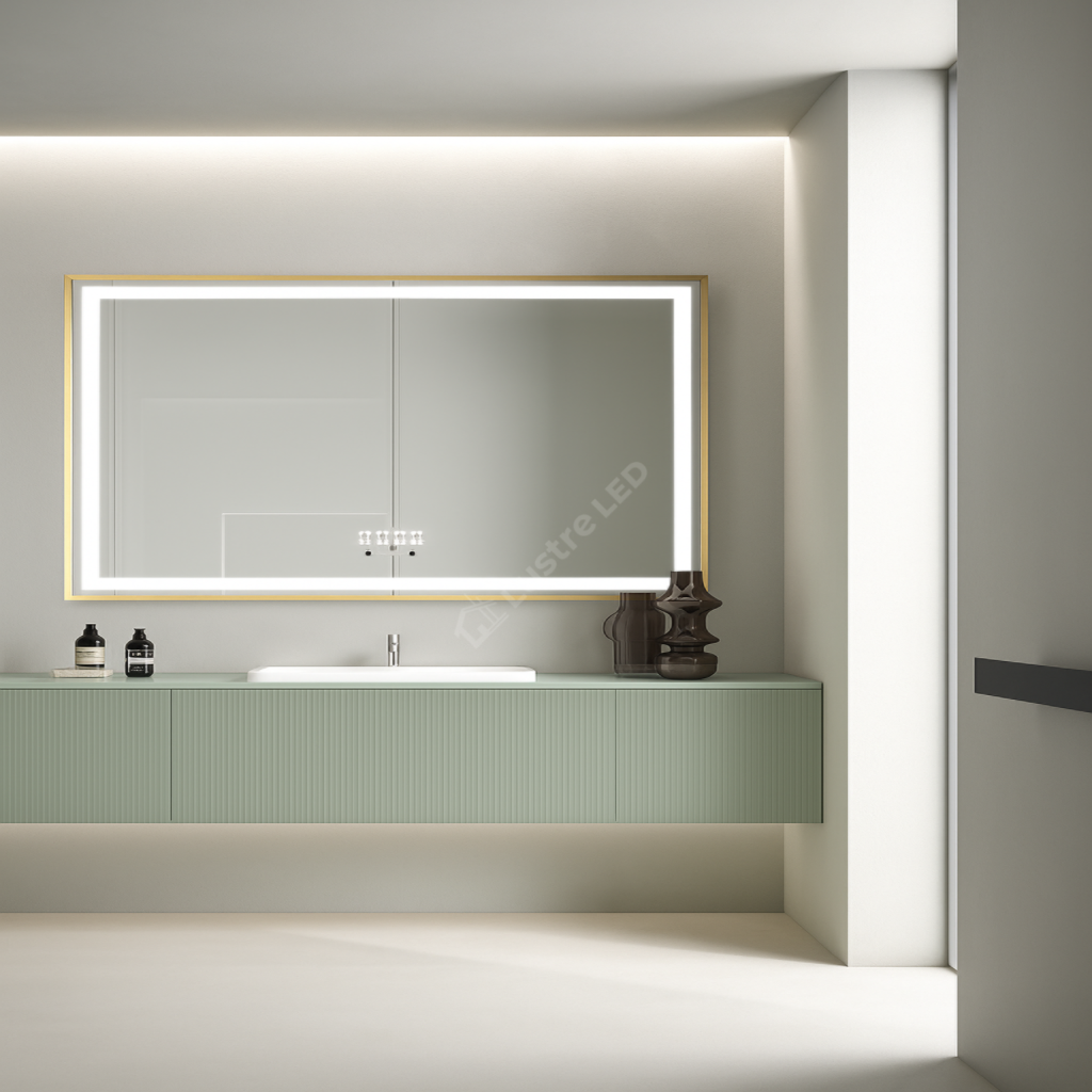 Oglinda LED Nautis Rectangle Gold 80x60CM 3 Lumini Dezaburire si Ceas