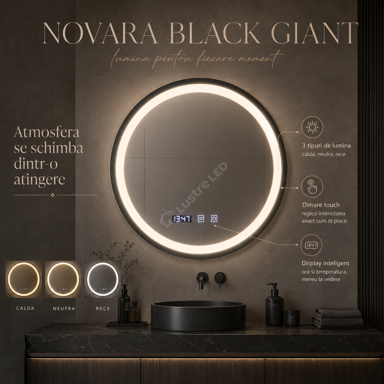 Oglinda LED NOVARA Black 90CM 3 Functii Dezaburire Ceas