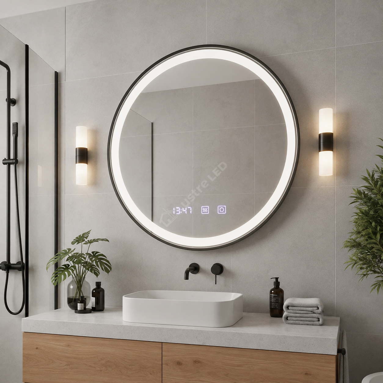 Oglinda LED Novara Round Black 70cm 3 Lumini Dezaburire si Ceas