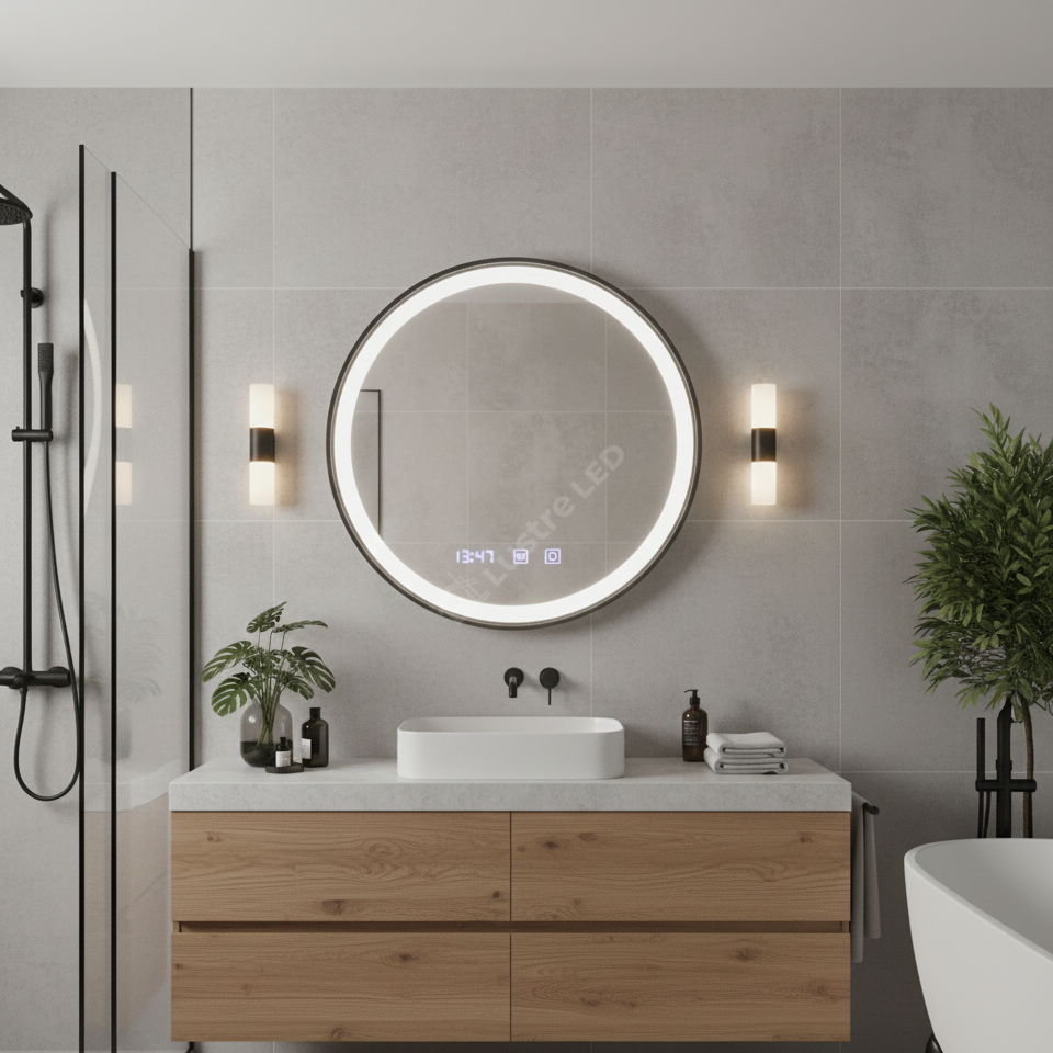 Oglinda LED Novara Round Black 70cm 3 Lumini Dezaburire si Ceas