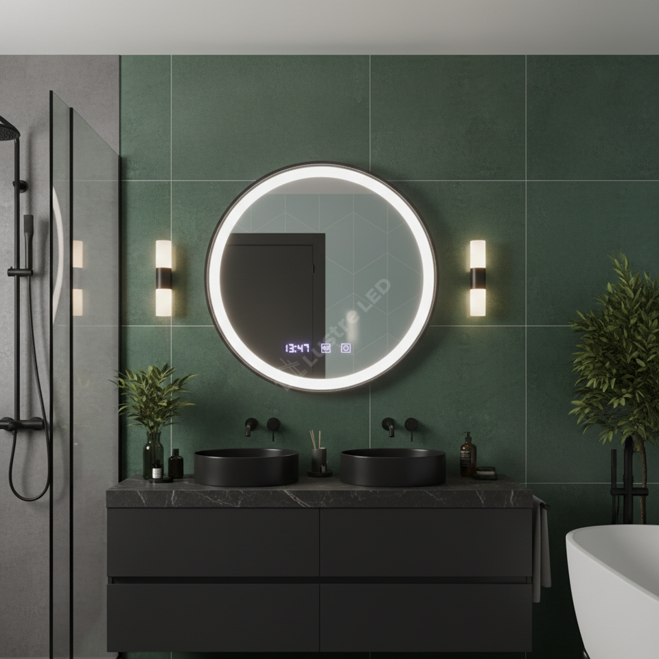 Oglinda LED Novara Round Black 70cm 3 Lumini Dezaburire si Ceas