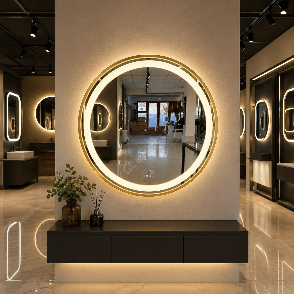 Oglinda LED Pilo Round Gold Ø70CM 3 Lumini Dezaburire si Ceas