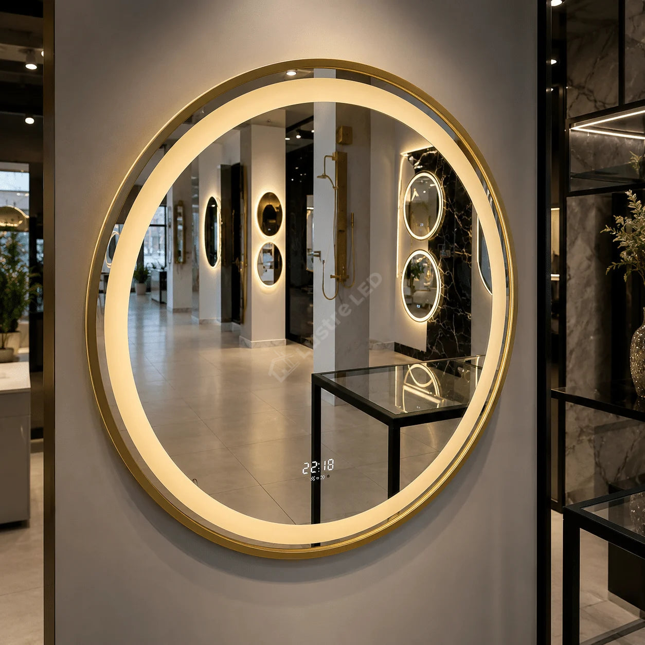Oglinda LED Pilo Round Gold Ø70CM 3 Lumini Dezaburire si Ceas