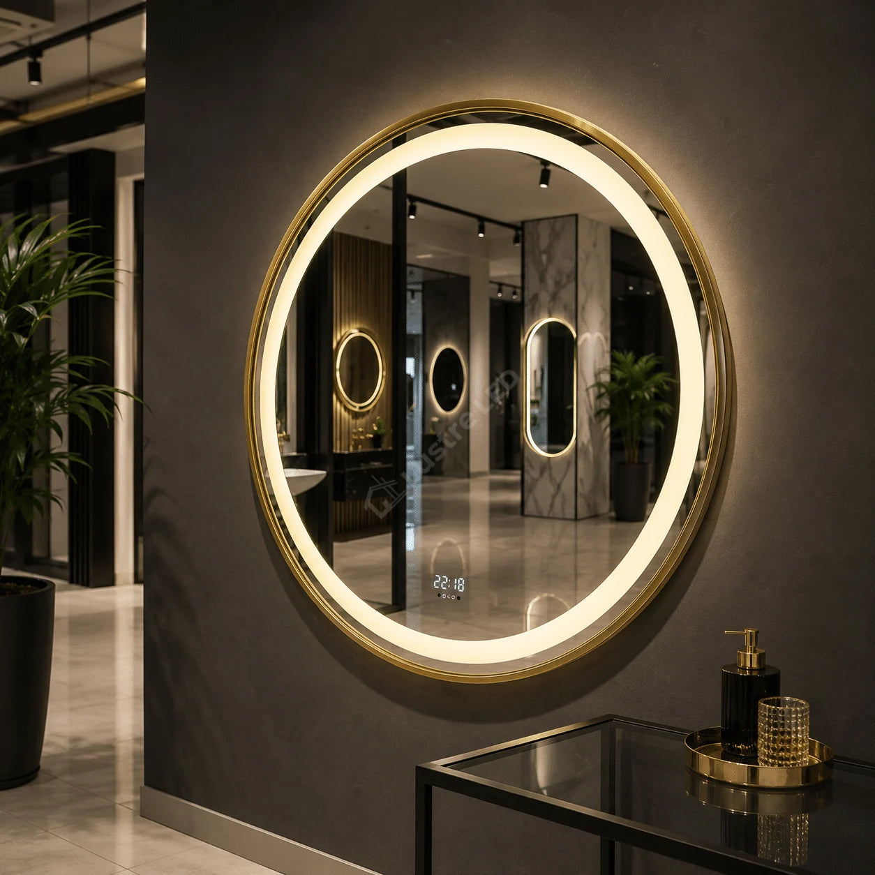 Oglinda LED Pilo Round Gold Ø70CM 3 Lumini Dezaburire si Ceas