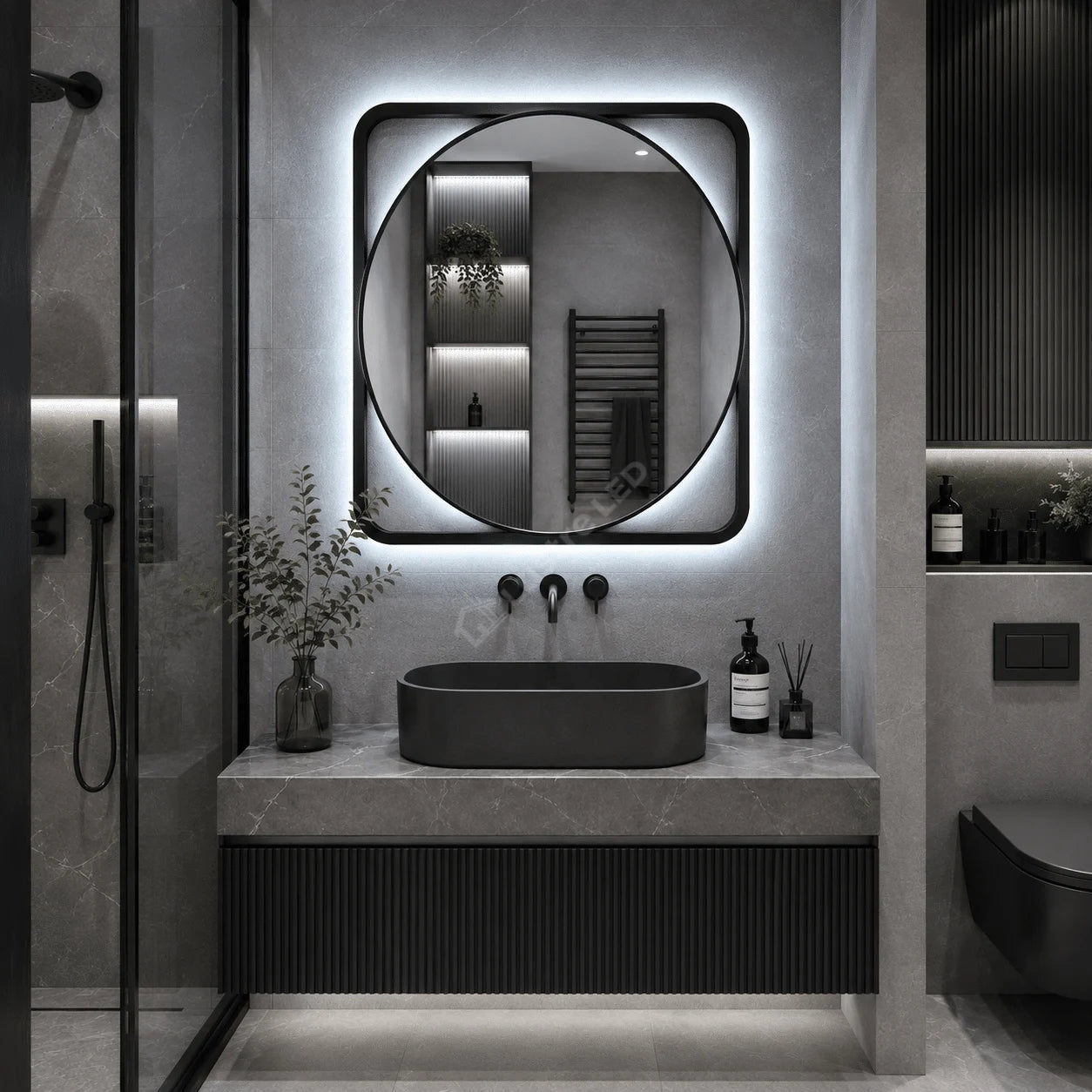 Oglinda LED Prodo Round Black Ø70CM 3 Lumini Dezaburire si Ceas