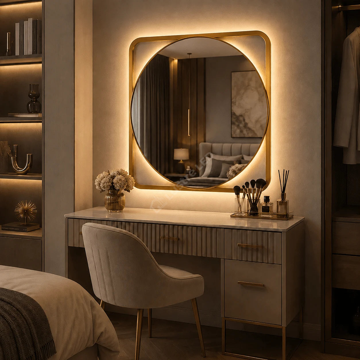 Oglinda LED Prodo Round Gold Ø70CM 3 Lumini Dezaburire si Ceas
