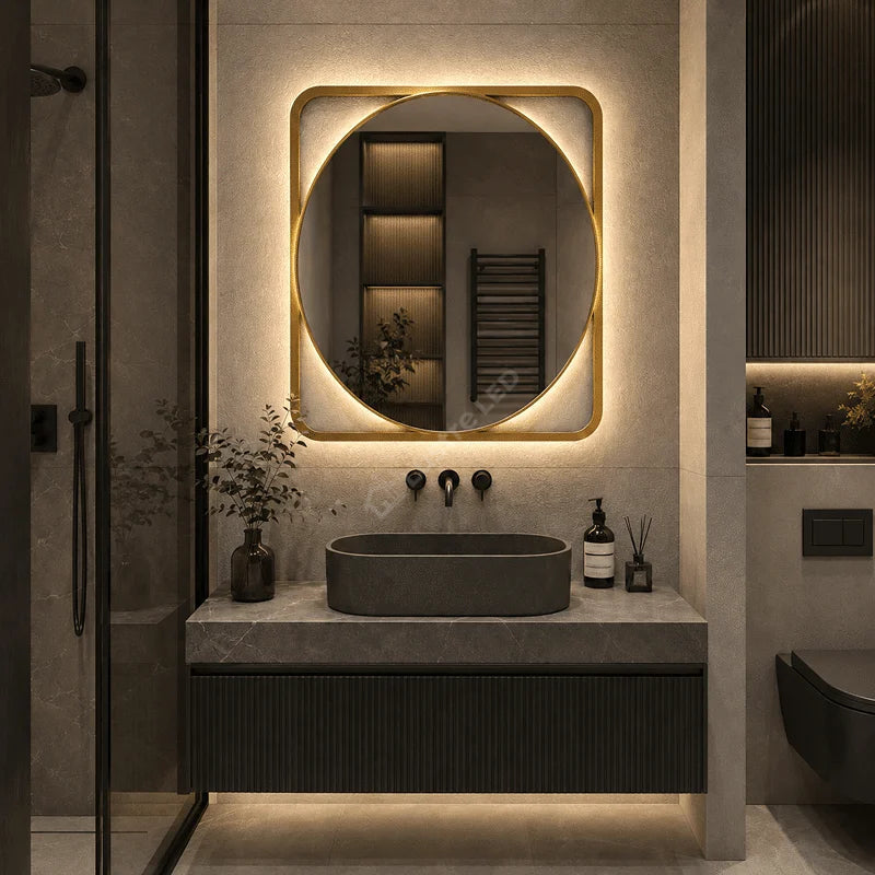 Oglinda LED Prodo Round Gold Ø70CM 3 Lumini Dezaburire si Ceas