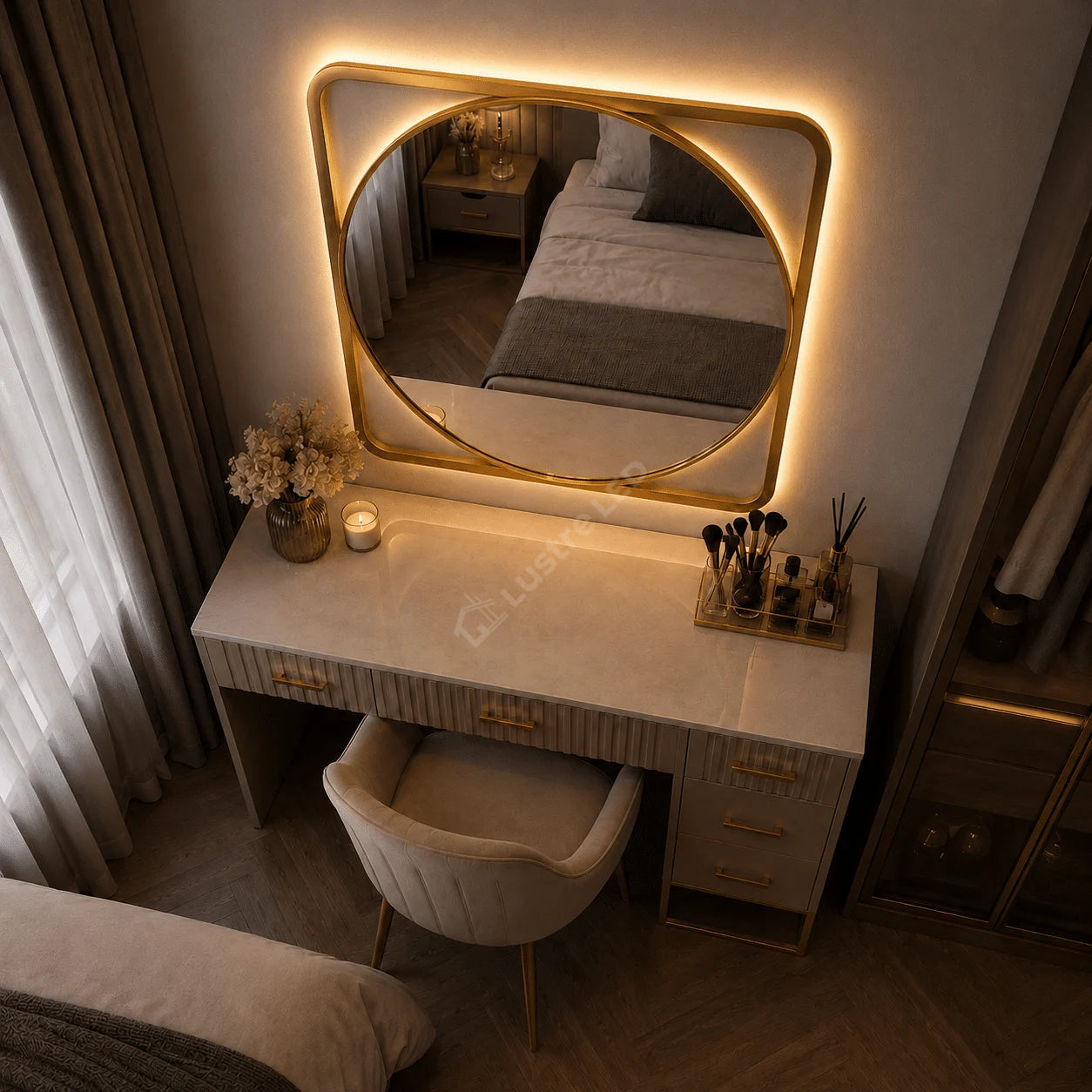 Oglinda LED Prodo Round Gold Ø70CM 3 Lumini Dezaburire si Ceas