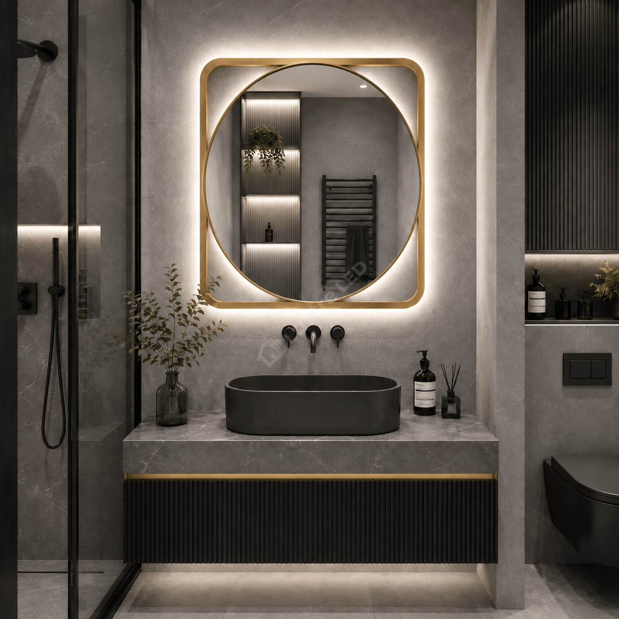 Oglinda LED Prodo Round Gold Ø70CM 3 Lumini Dezaburire si Ceas