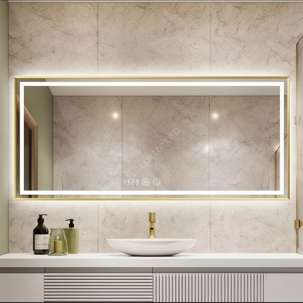 Oglinda LED RIVEN Rama Aurie, 120x80CM, 3 Lumini, Functie Dezaburire, Ceas, Touch