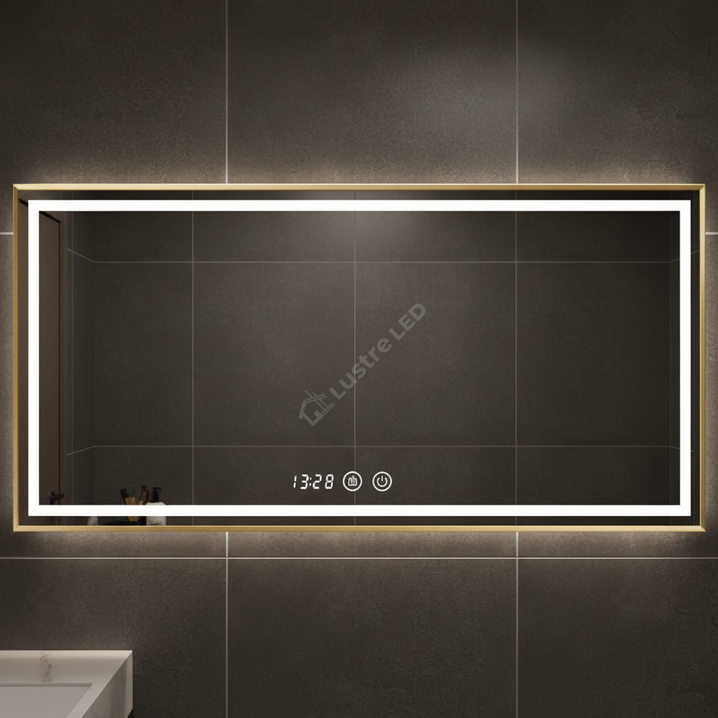 Oglinda LED RIVEN Rama Aurie, 120x80CM, 3 Lumini, Functie Dezaburire, Ceas, Touch