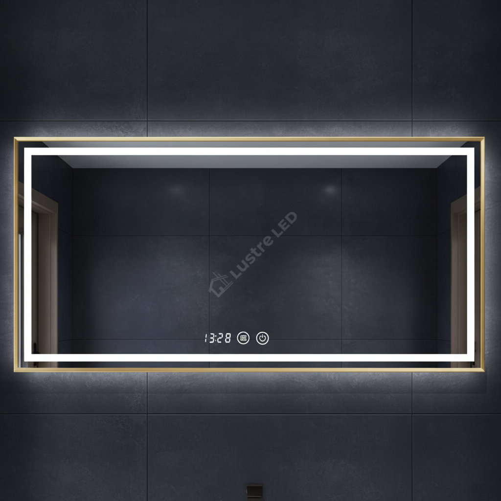 Oglinda LED RIVEN Rama Aurie, 120x80CM, 3 Lumini, Functie Dezaburire, Ceas, Touch