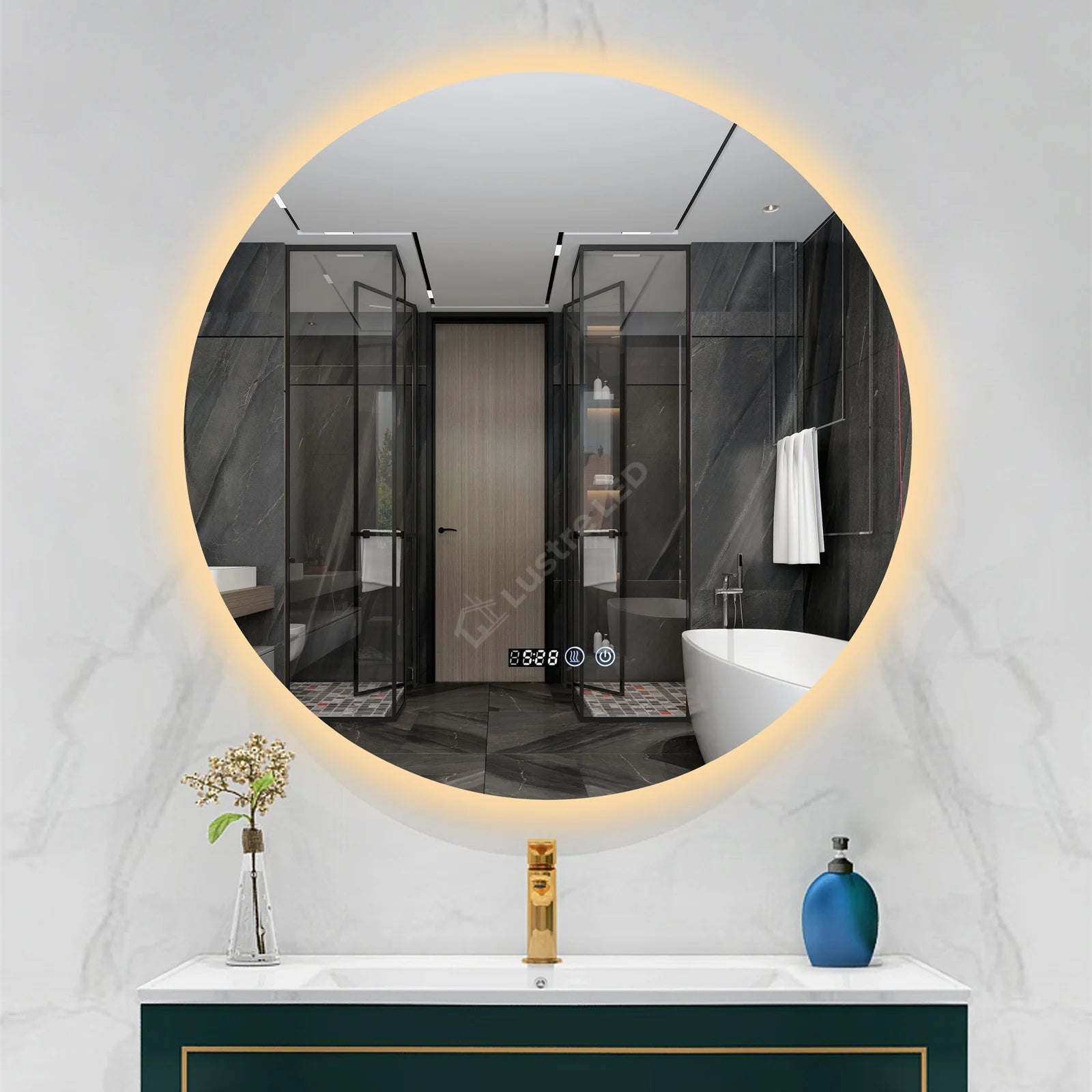 Oglinda LED Rodo Round FRAMELESS Dimabila Ø80CM 3 Lumini Dezaburire si Ceas