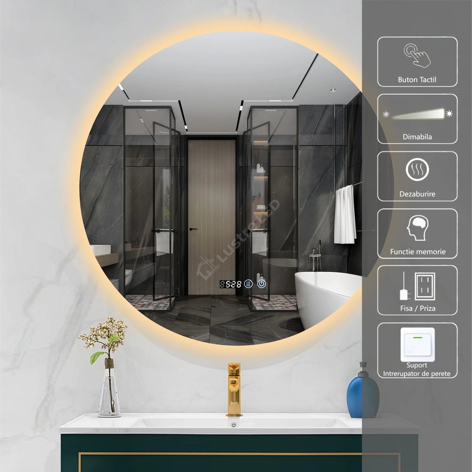 Oglinda LED Rodo Round FRAMELESS Dimabila Ø80CM 3 Lumini Dezaburire si Ceas