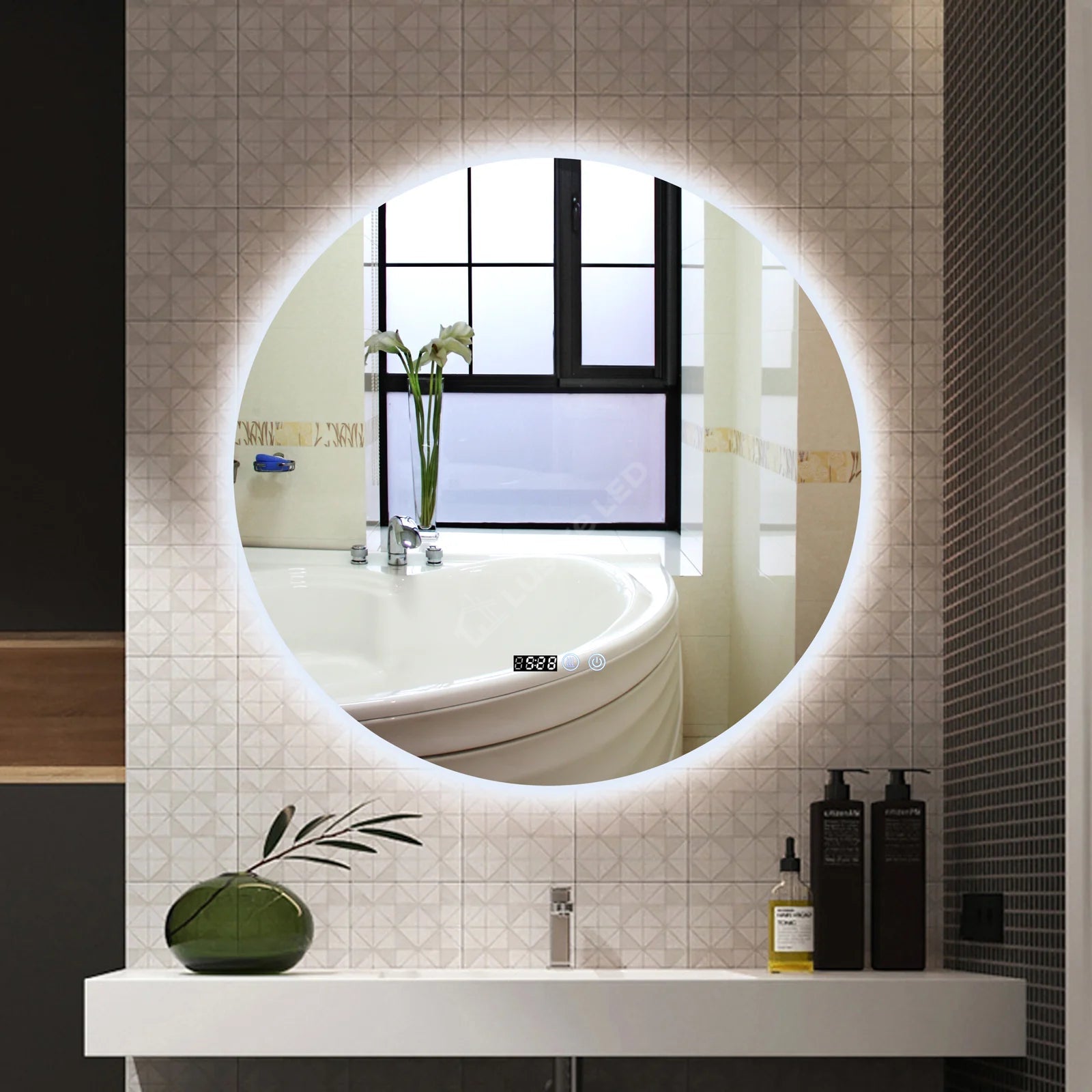 Oglinda LED Rodo Round FRAMELESS Dimabila Ø80CM 3 Lumini Dezaburire si Ceas
