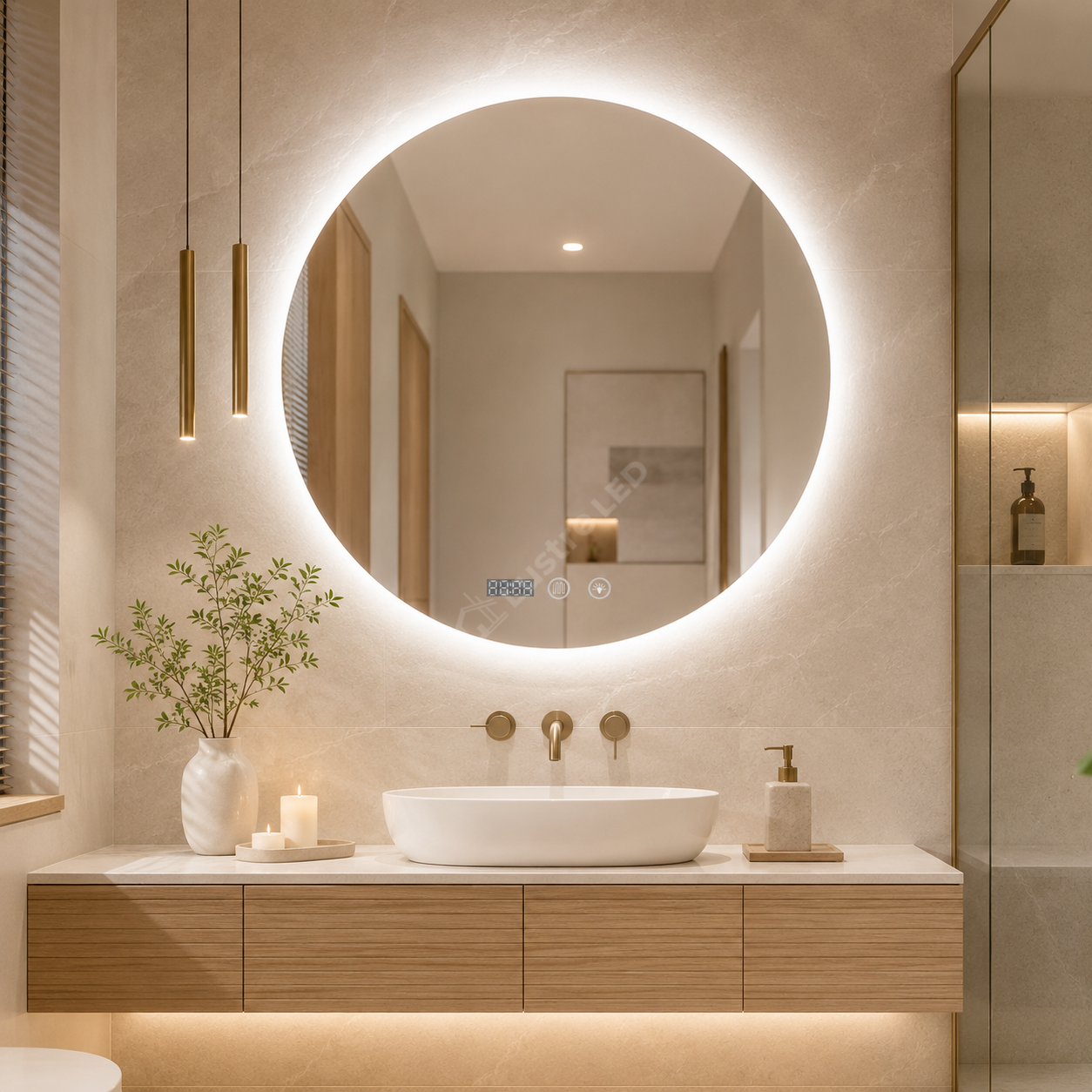 Oglinda LED Rotunda 70cm Dimabila cu Touch, 3 Lumini si Ceas
