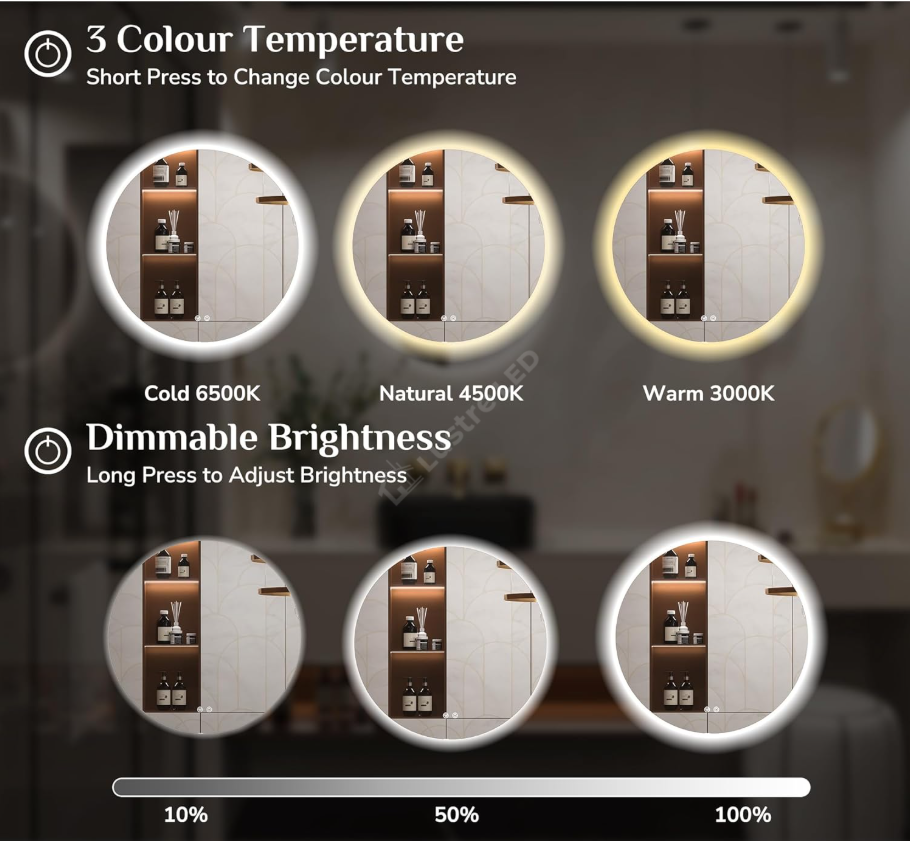 Oglinda LED Rotunda 70cm Dimabila cu Touch, 3 Lumini si Ceas