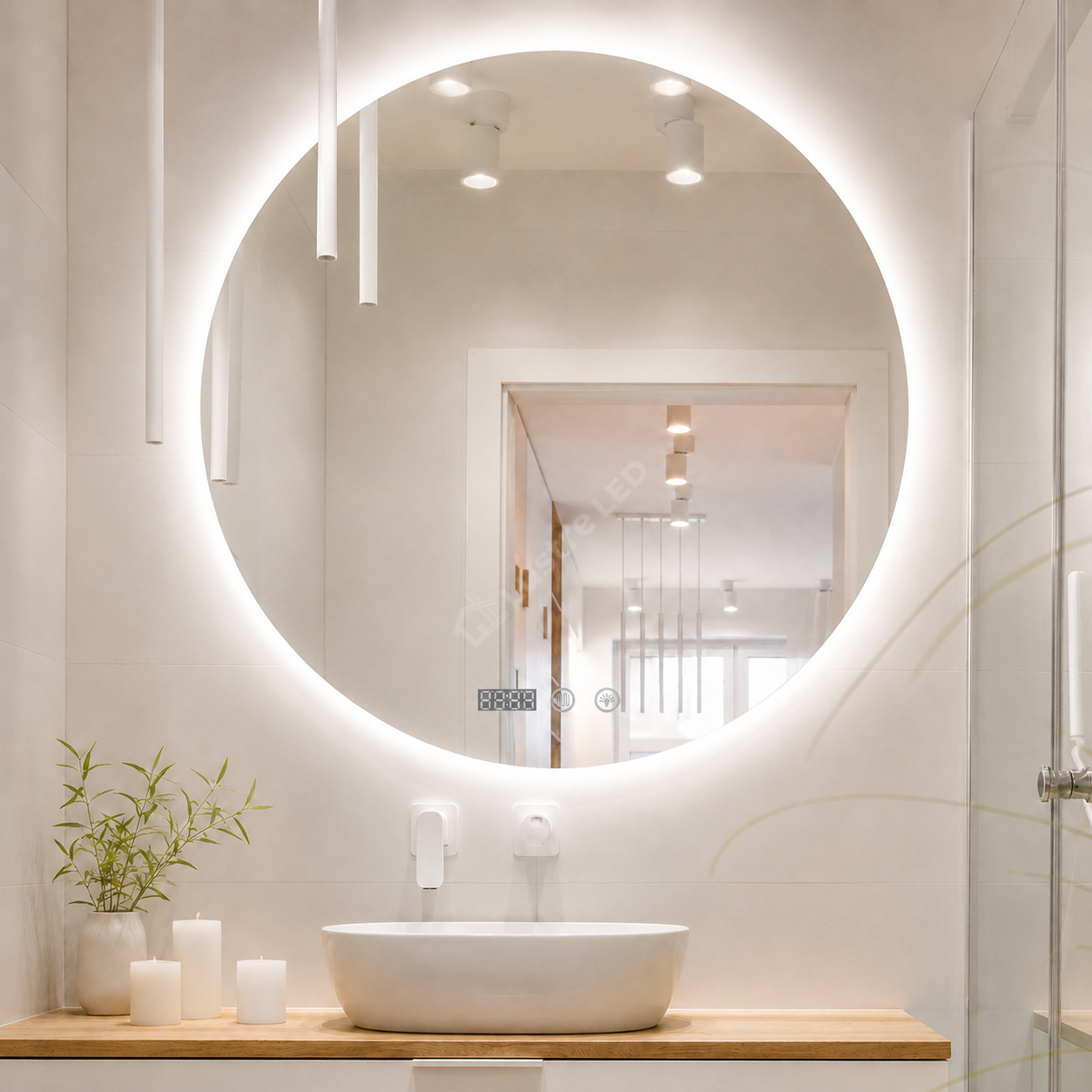 Oglinda LED Rotunda 70cm Dimabila cu Touch, 3 Lumini si Ceas