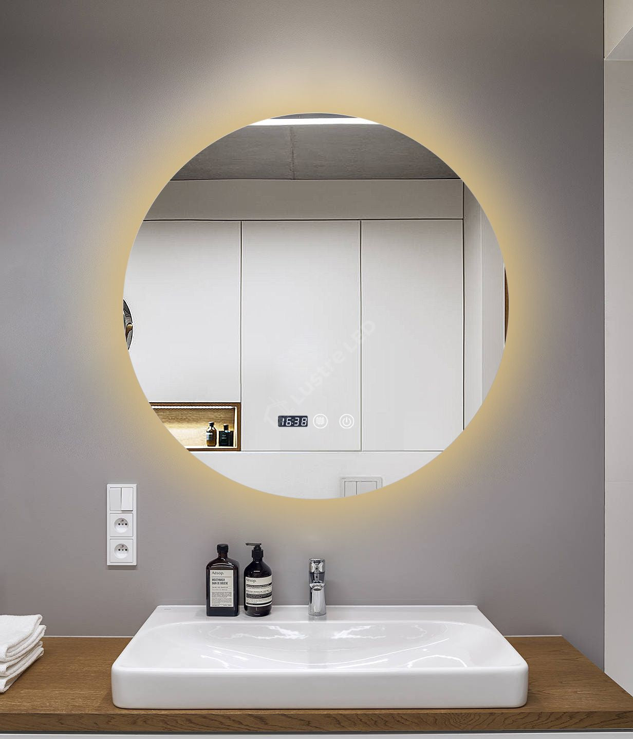 Oglinda Led Rotunda 90Cm Functie Dezaburire Touch Doua Lumini Si Ceas J170 Mirror