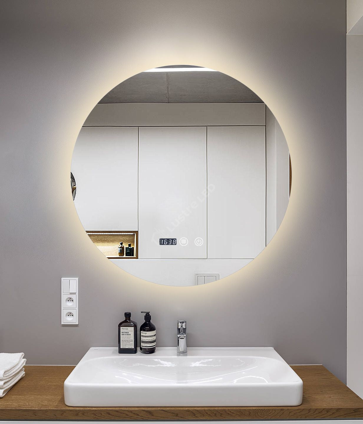 Oglinda Led Rotunda 90Cm Functie Dezaburire Touch Doua Lumini Si Ceas J170 Mirror