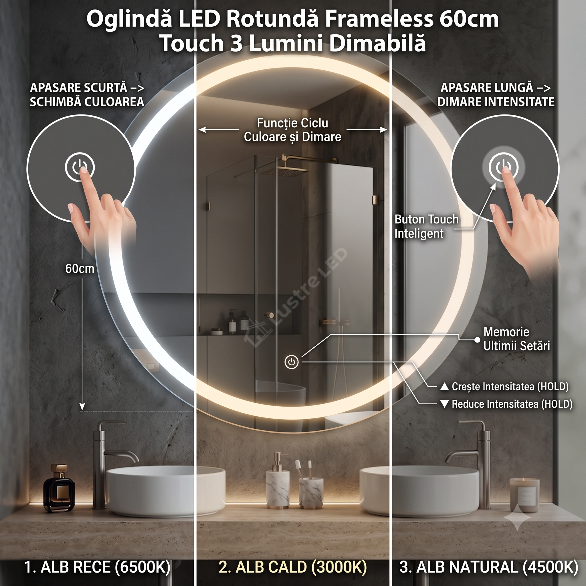 Oglinda LED Rotunda Frameless 60cm Touch 3 Lumini