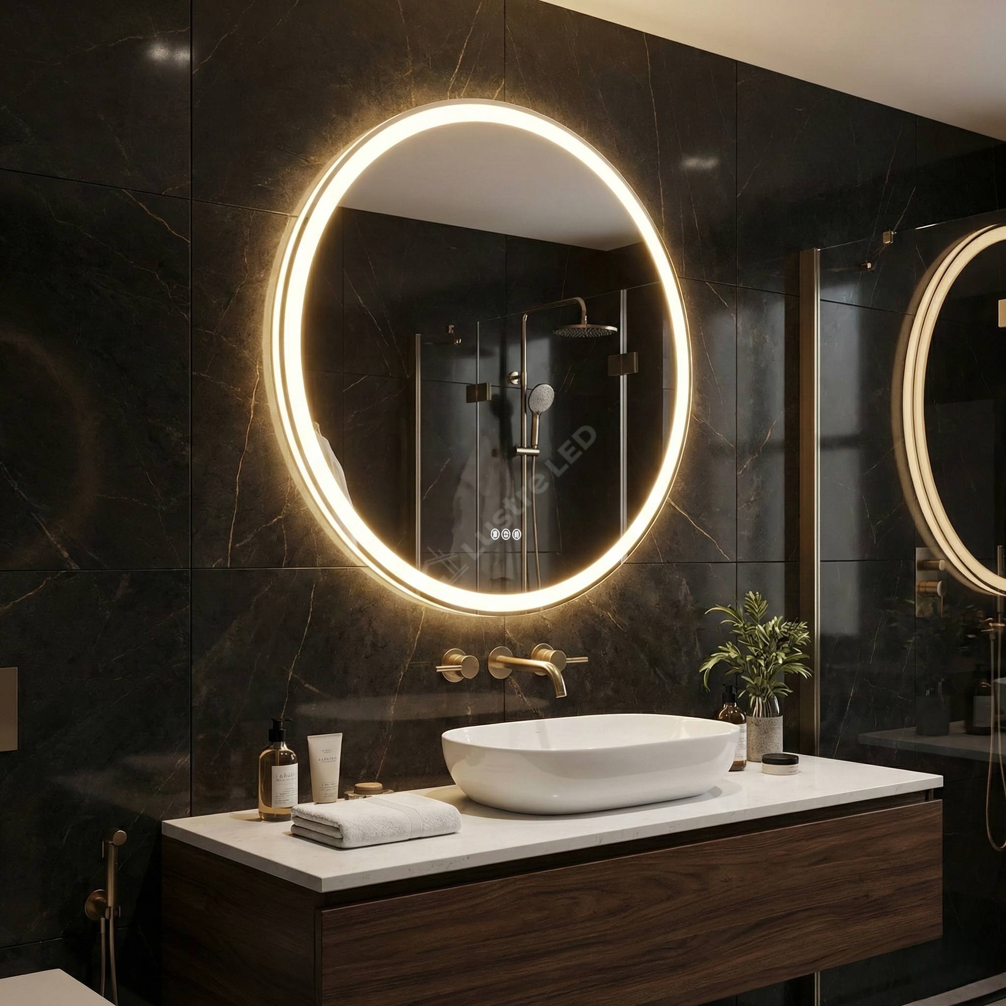 Oglinda LED Rotunda VENESSIA 60CM cu Dezaburire, Senzor, Ceas si 3 Lumini