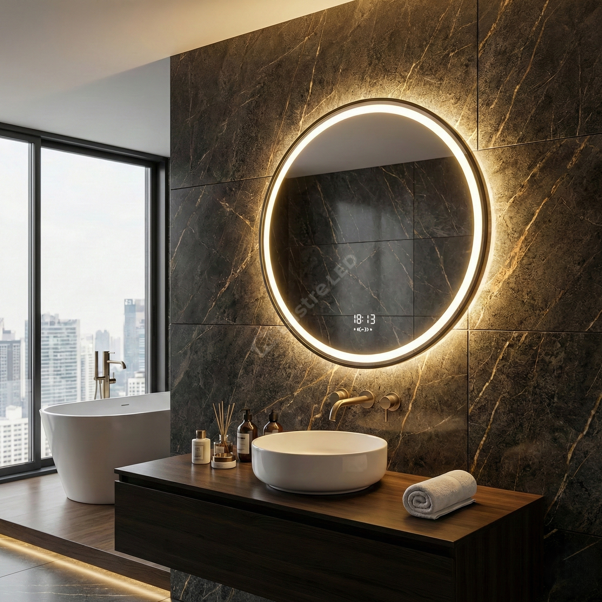 Oglinda LED Rotunda VENESSIA 60CM cu Dezaburire, Senzor, Ceas si 3 Lumini