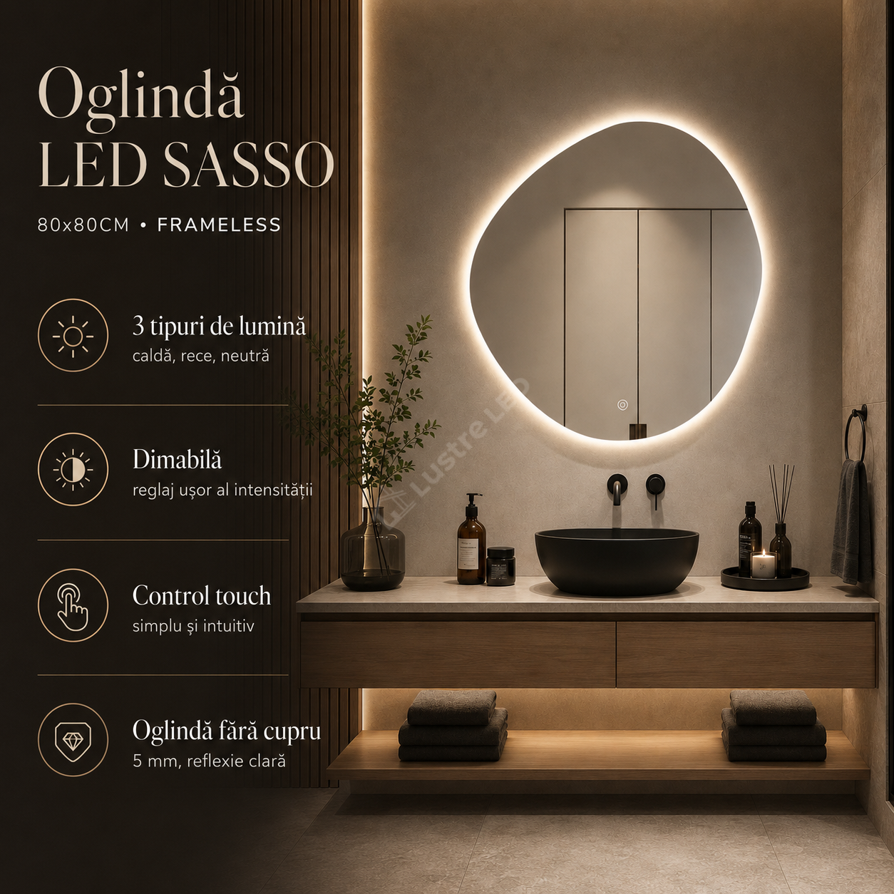 Oglinda LED SASSO 80x80CM FRAMELESS 3 Lumini Dimabila Touch