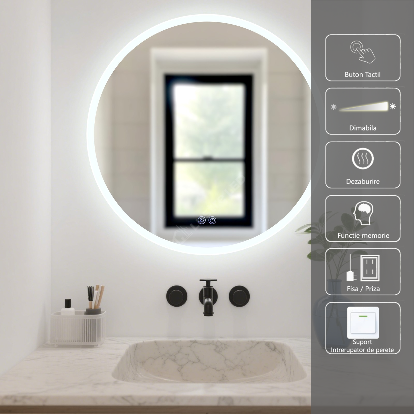 Oglinda LED Tero FRAMELESS Round Dimabila Ø100CM 3 Lumini Dezaburire si Touch