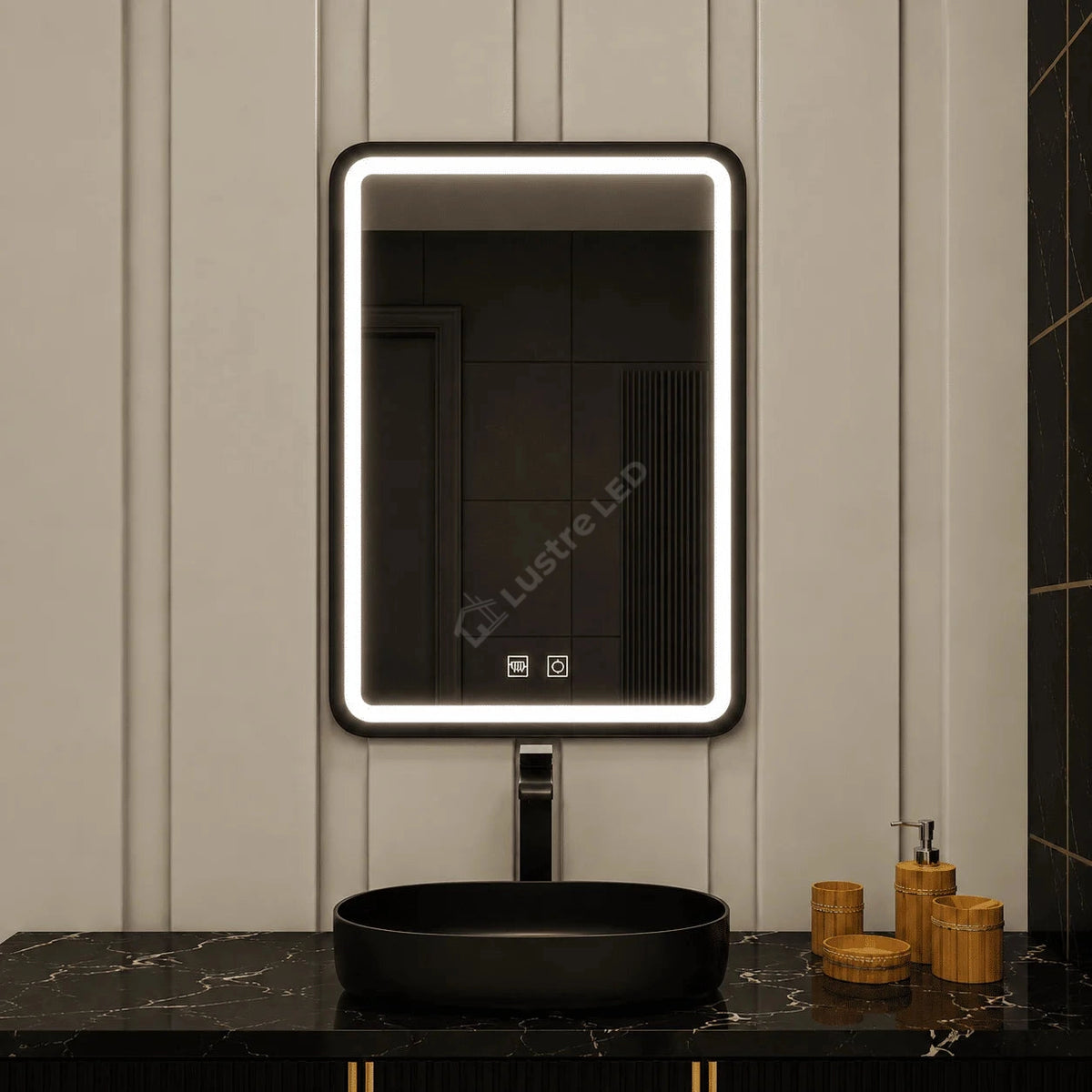 Oglinda LED Torno Rectangle Black 3 Lumini Dezaburire si Touch