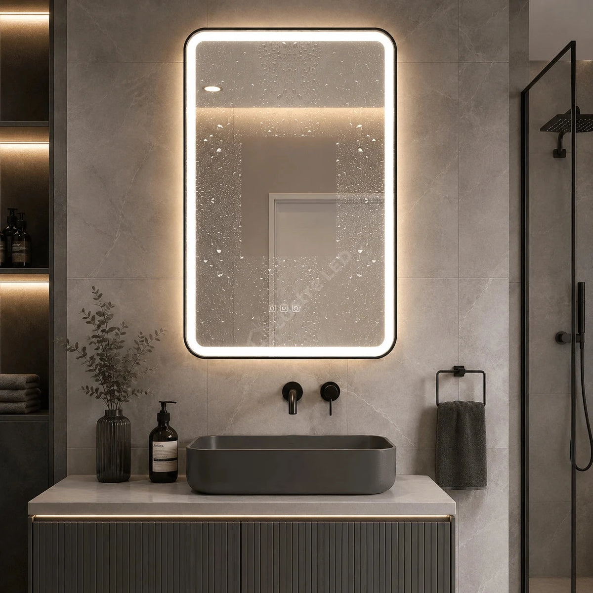 Oglinda LED Torno Rectangle Black 3 Lumini Dezaburire si Touch